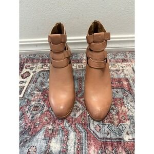 FRYE Blair Side Zip Ankle Booties Tan Leather Block Heel Cutout Women's Sz 7.5